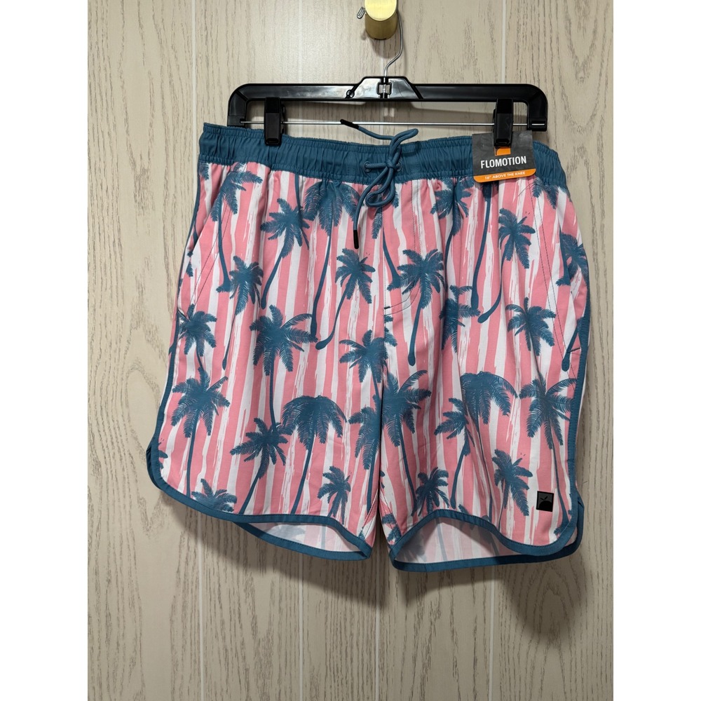 Flomotion Mens Swim Shorts Pink White Stripe Palm Tree Tropical Trunks XL 16"